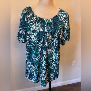 Notions blouse Animal Print short sleeve scoop neck green, blue black white 2X
